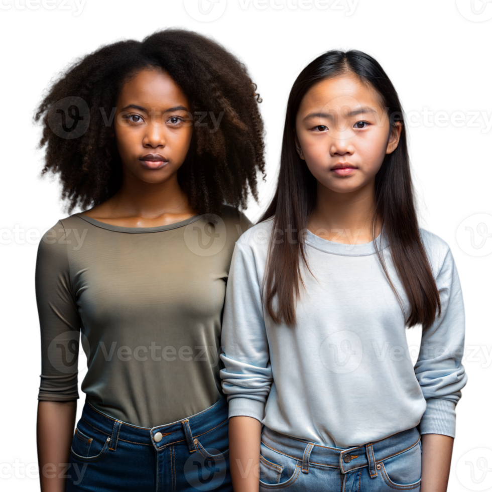 Two Young Women Standing Together Looking at Camera in Studio png