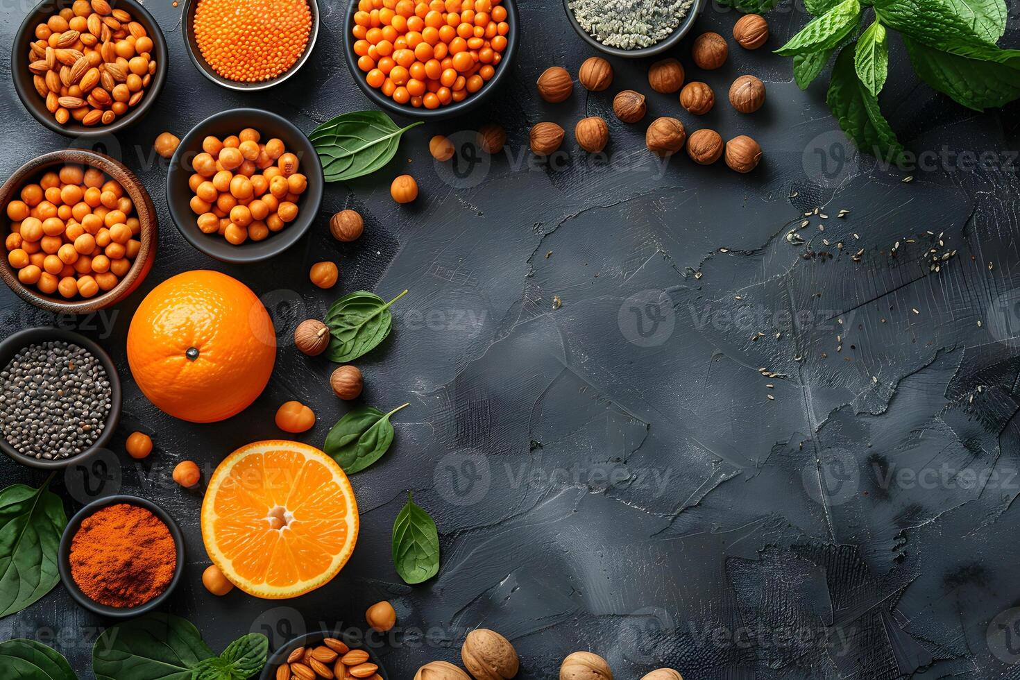 Healthy Superfood Ingredients with Oranges, Nuts, Seeds, and Herbs on Dark Rustic Background photo