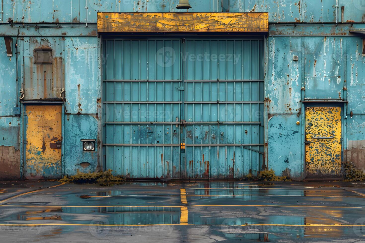 Rustic Industrial Warehouse with Weathered Blue Metal Doors and Reflections photo