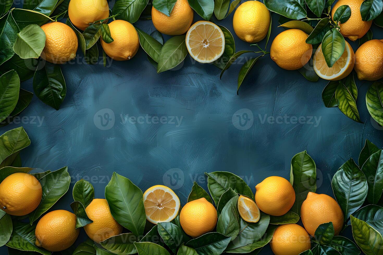 Fresh Lemons and Green Leaves Frame on Blue Background Perfect for Summer, Kitchen Decor, or Food Photography photo