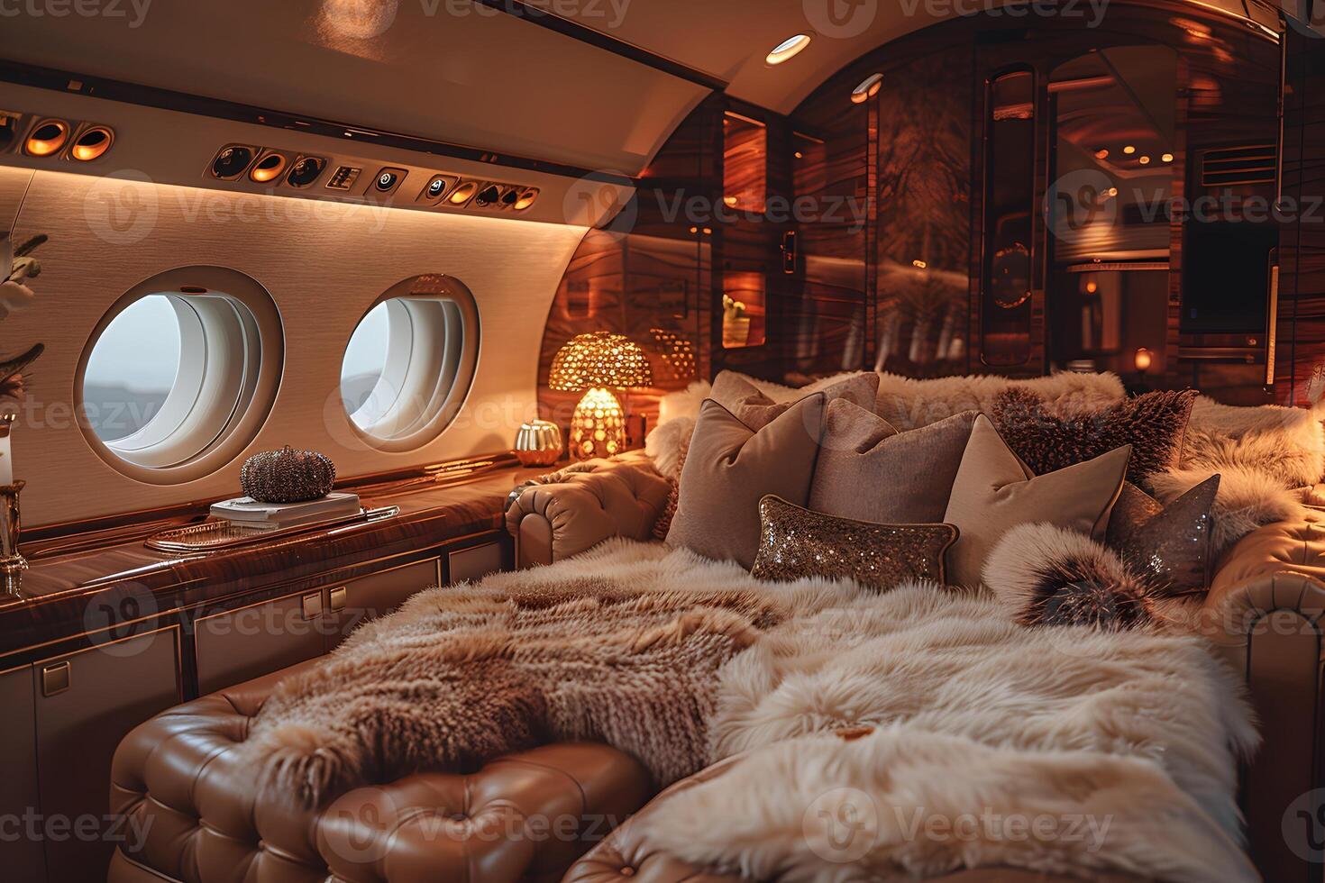 Luxurious Private Jet Interior with Plush Sofa and Elegant Decor for Exclusive Travel Experience photo