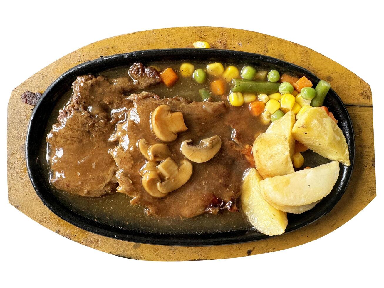 Delicious Beef Steak Top View Isolated on White Background photo