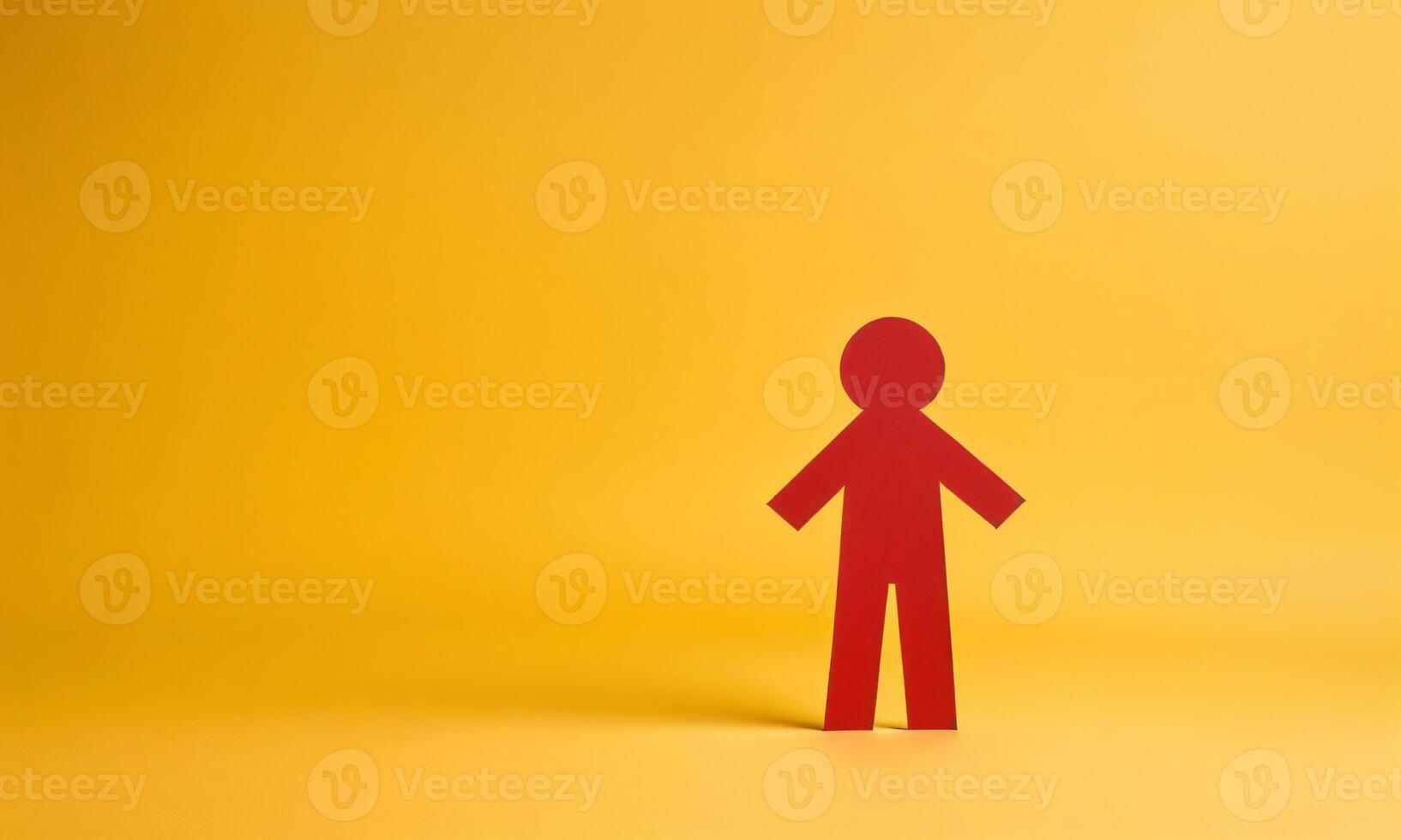 A red paper cut paper person standing, isolated on yellow background, copy space, banner photo