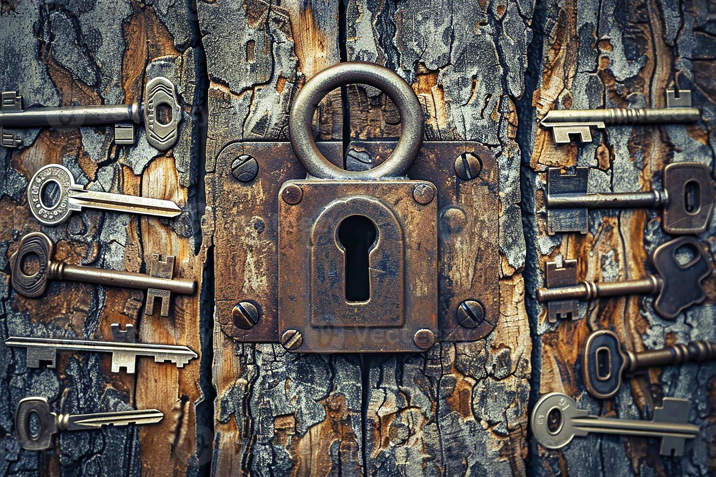Antique door locks and keys on an old background. Old padlock and key. set as a symbol of security, closeness, history, protection, safety etc. Conceptual background. photo