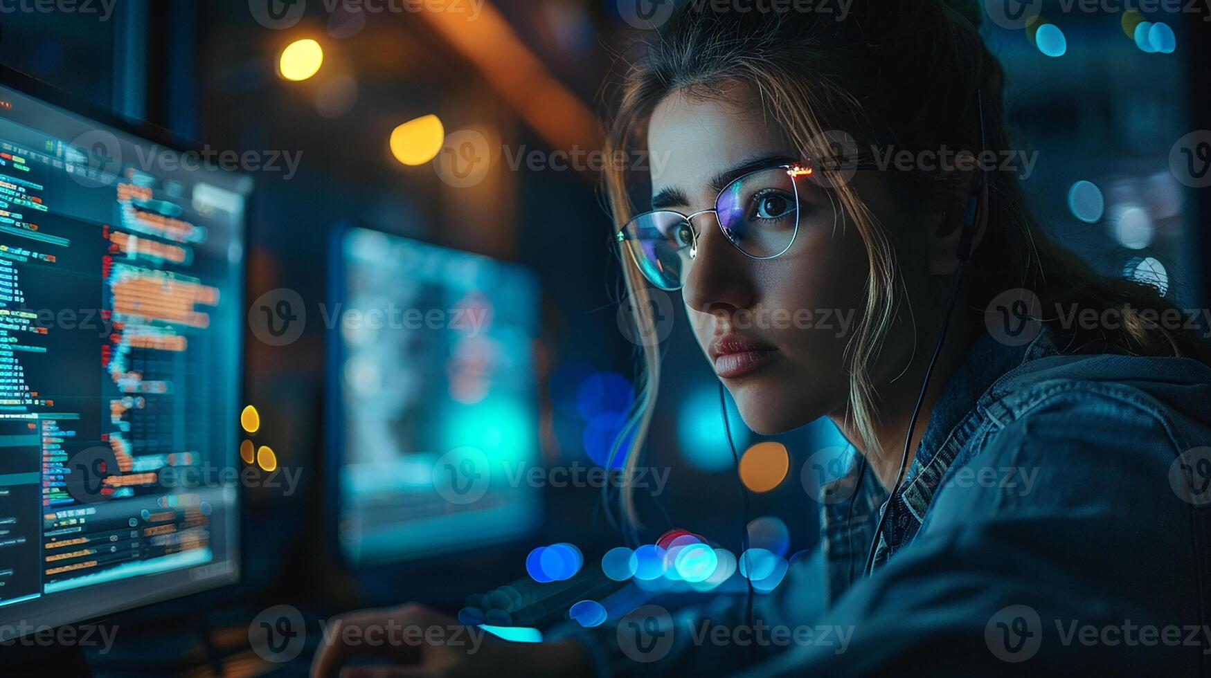 Young attractive business girl looking at the computer in the office photo