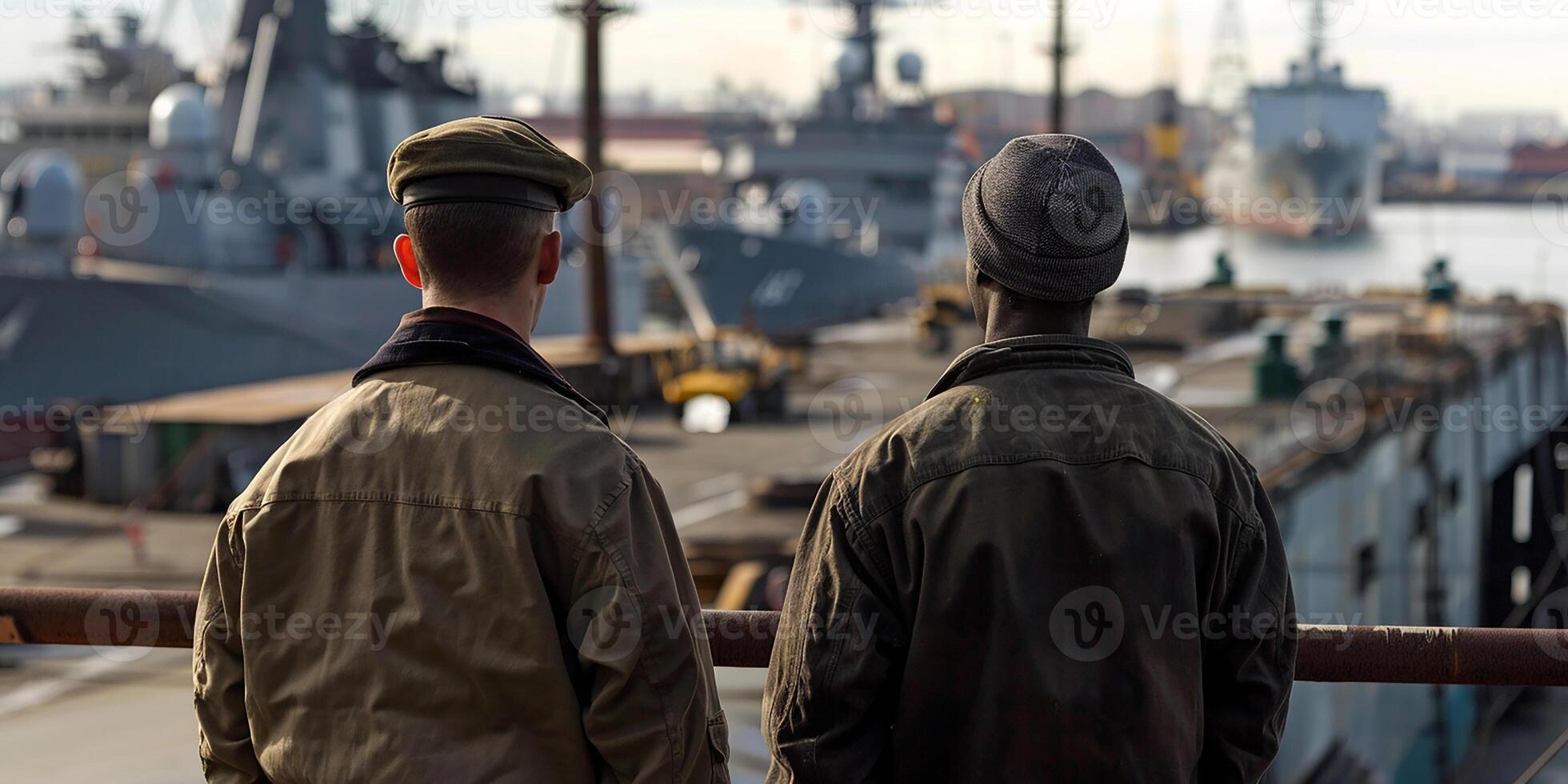Military sailors stand and look at the ships, view from the back. Retro style. photo