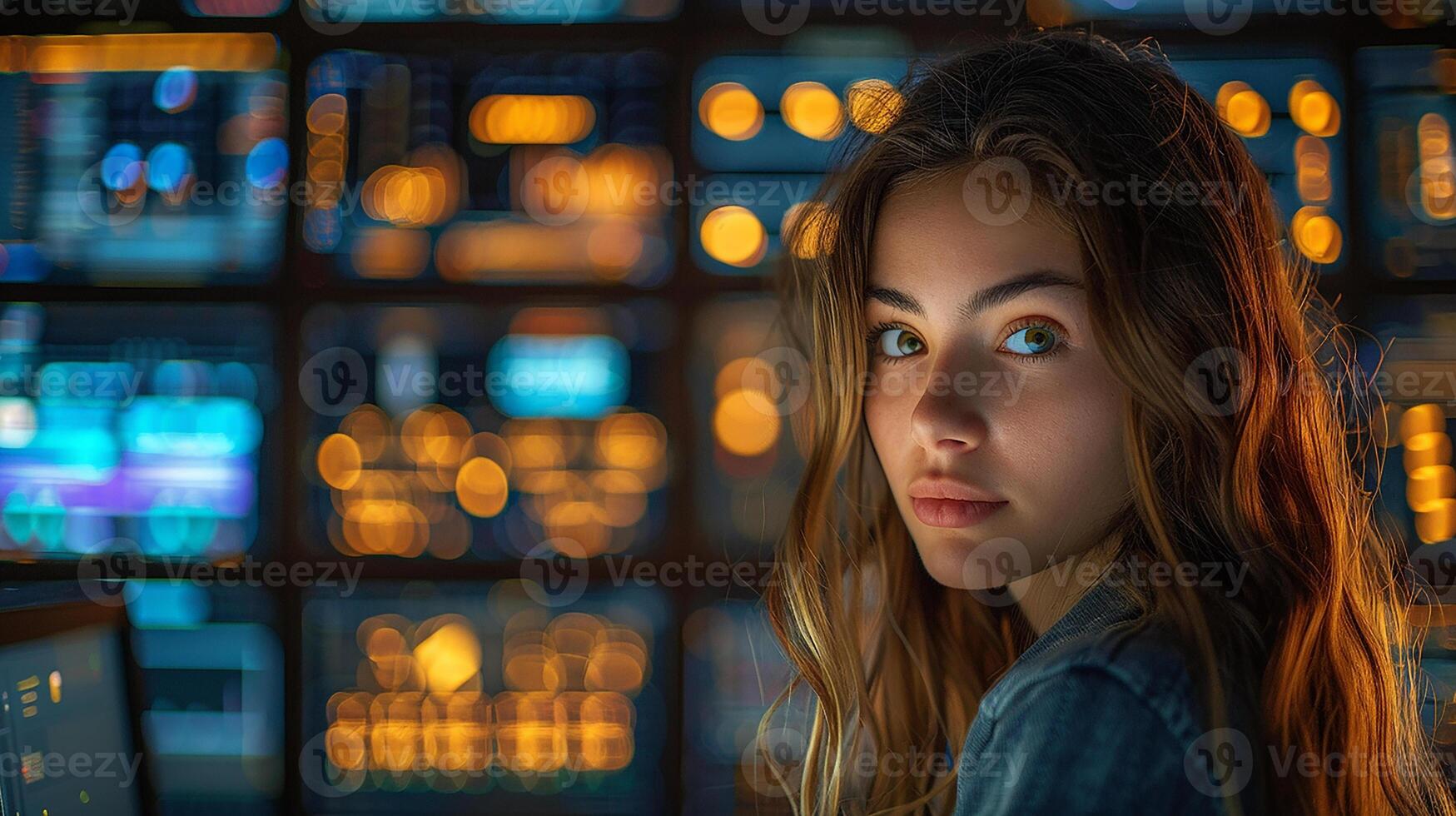 Young attractive business girl looking at the computer in the office photo