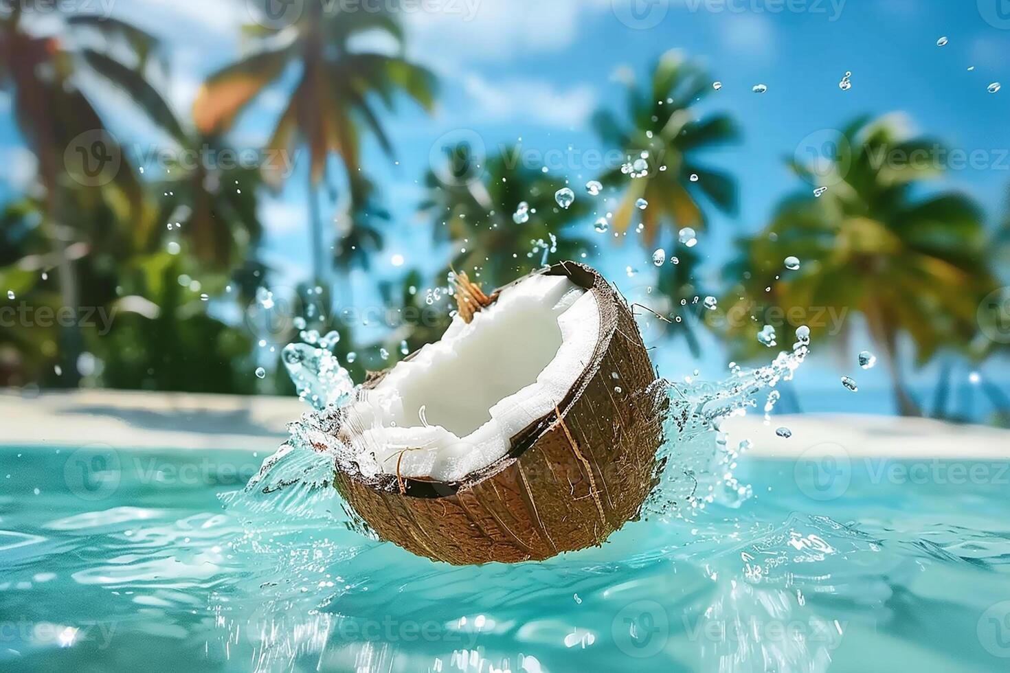 Half a coconut falling into sea water and splashing against the background of tropical palm trees photo