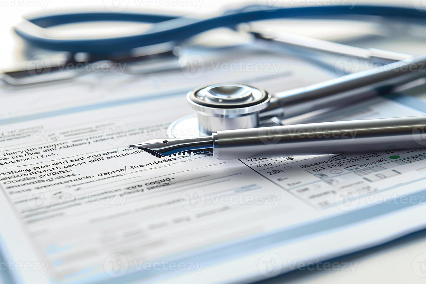 medical concept, stethoscope with pen, and insurance policy on the table photo