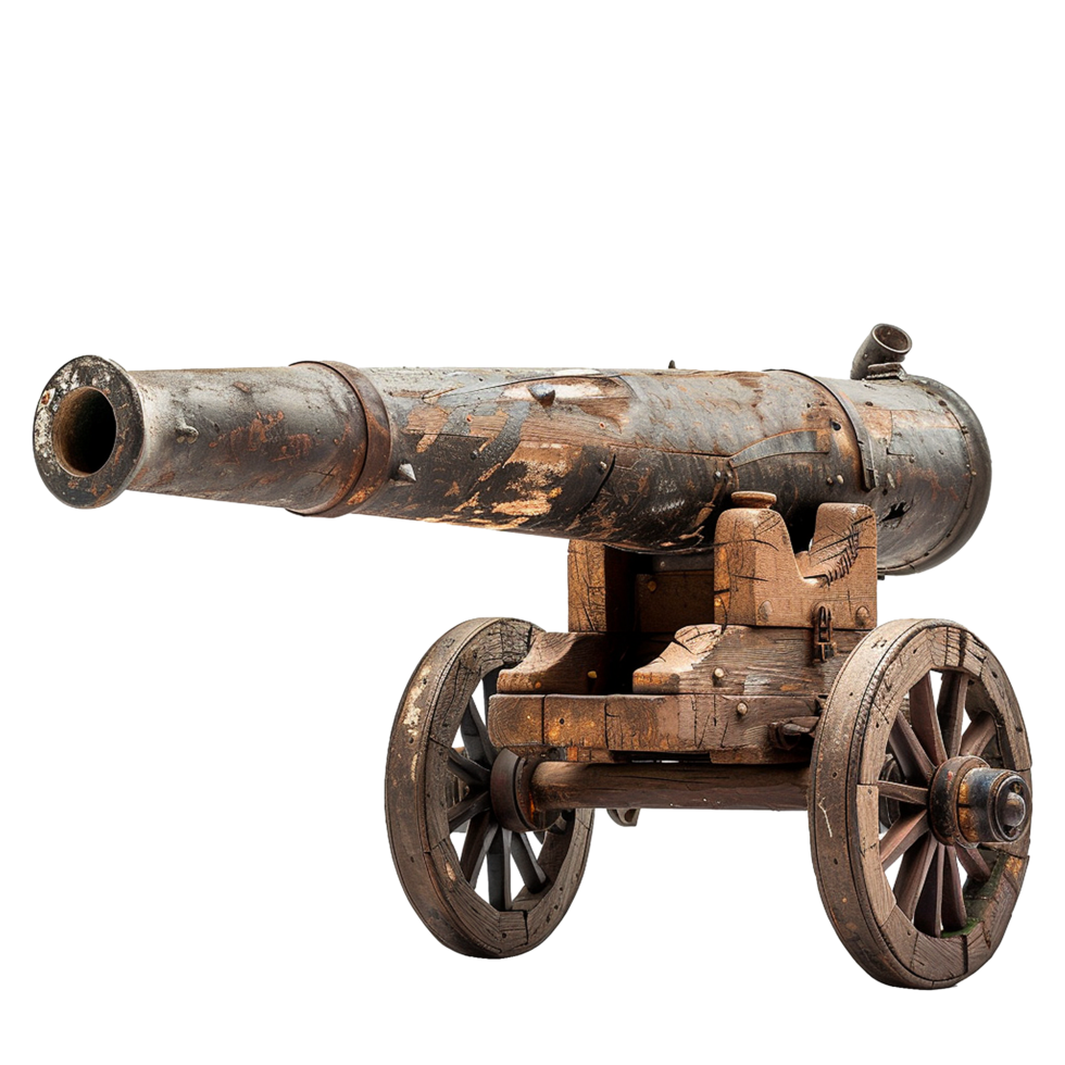 Side view of antique cannon Old Artillery isolated on transparent background png