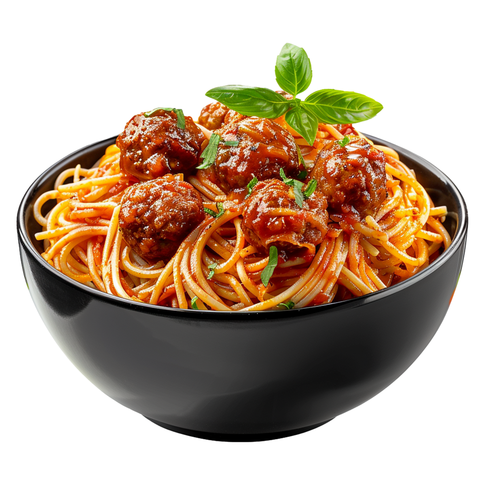Spaghetti with meatballs and tomato sauce in black bowl closeup shot isolated on a transparent background png