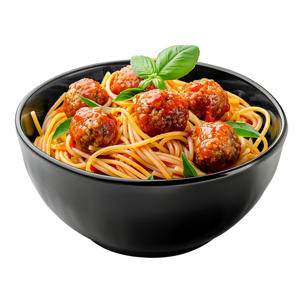Spaghetti with meatballs and tomato sauce in black bowl closeup shot isolated on a transparent background png