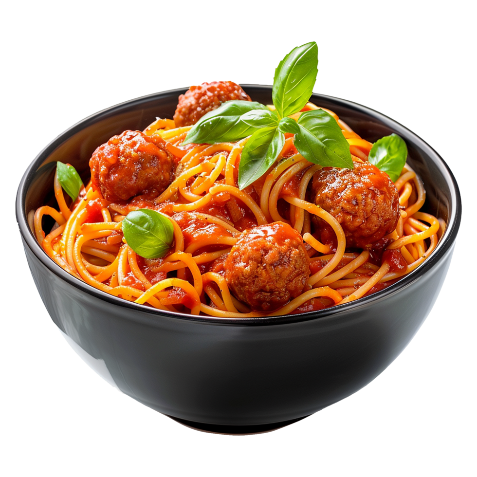 Spaghetti with meatballs and tomato sauce in black bowl closeup shot isolated on a transparent background png