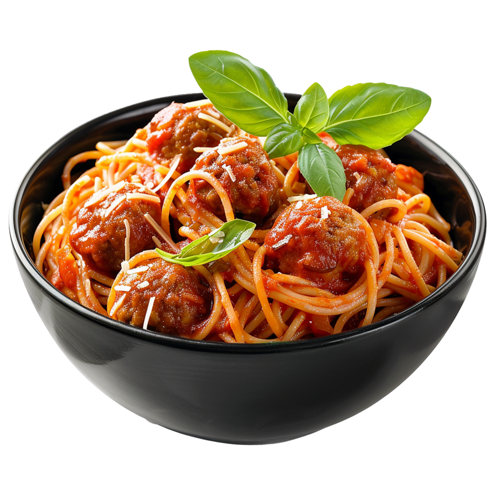 Spaghetti with meatballs and tomato sauce in black bowl closeup shot isolated on a transparent background png