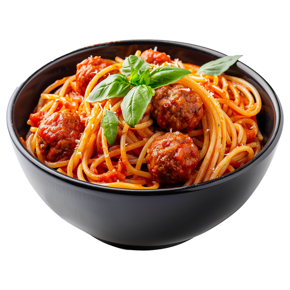 Spaghetti with meatballs and tomato sauce in black bowl closeup shot isolated on a transparent background png