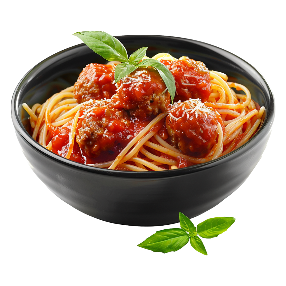 Spaghetti with meatballs and tomato sauce in black bowl closeup shot isolated on a transparent background png