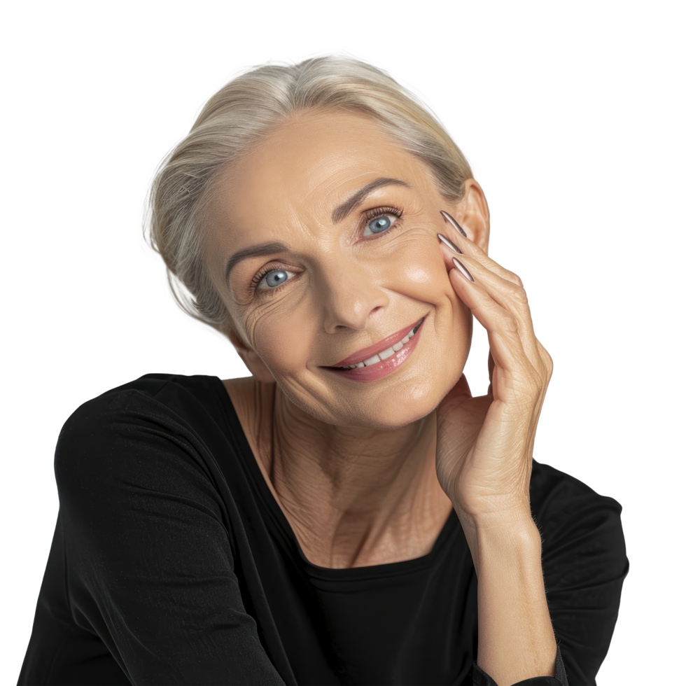 a woman smiling with her hands on her face png