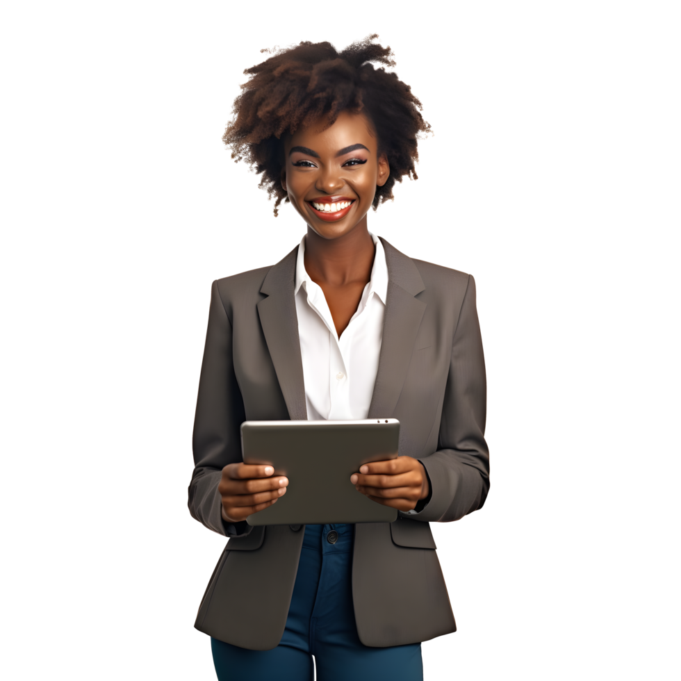 an attractive african american woman in a business suit holding a tablet png