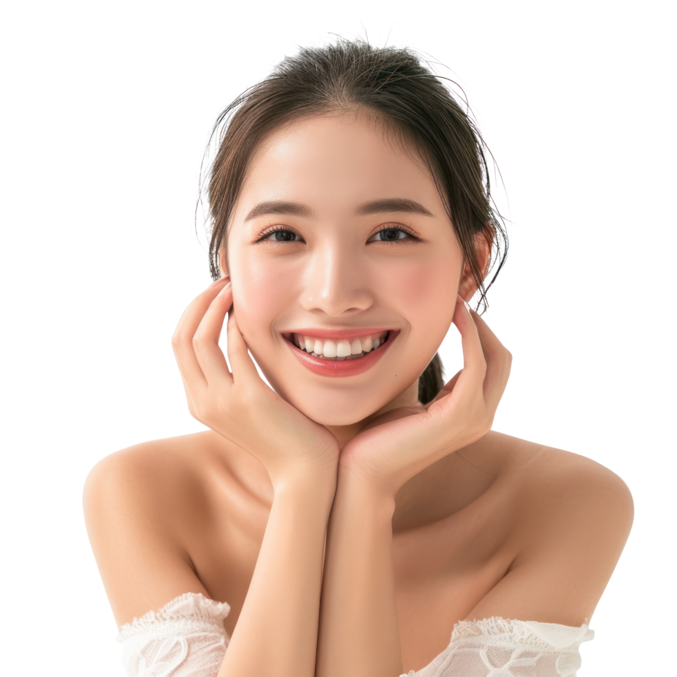 beautiful asian woman smiling with her hands on her face png