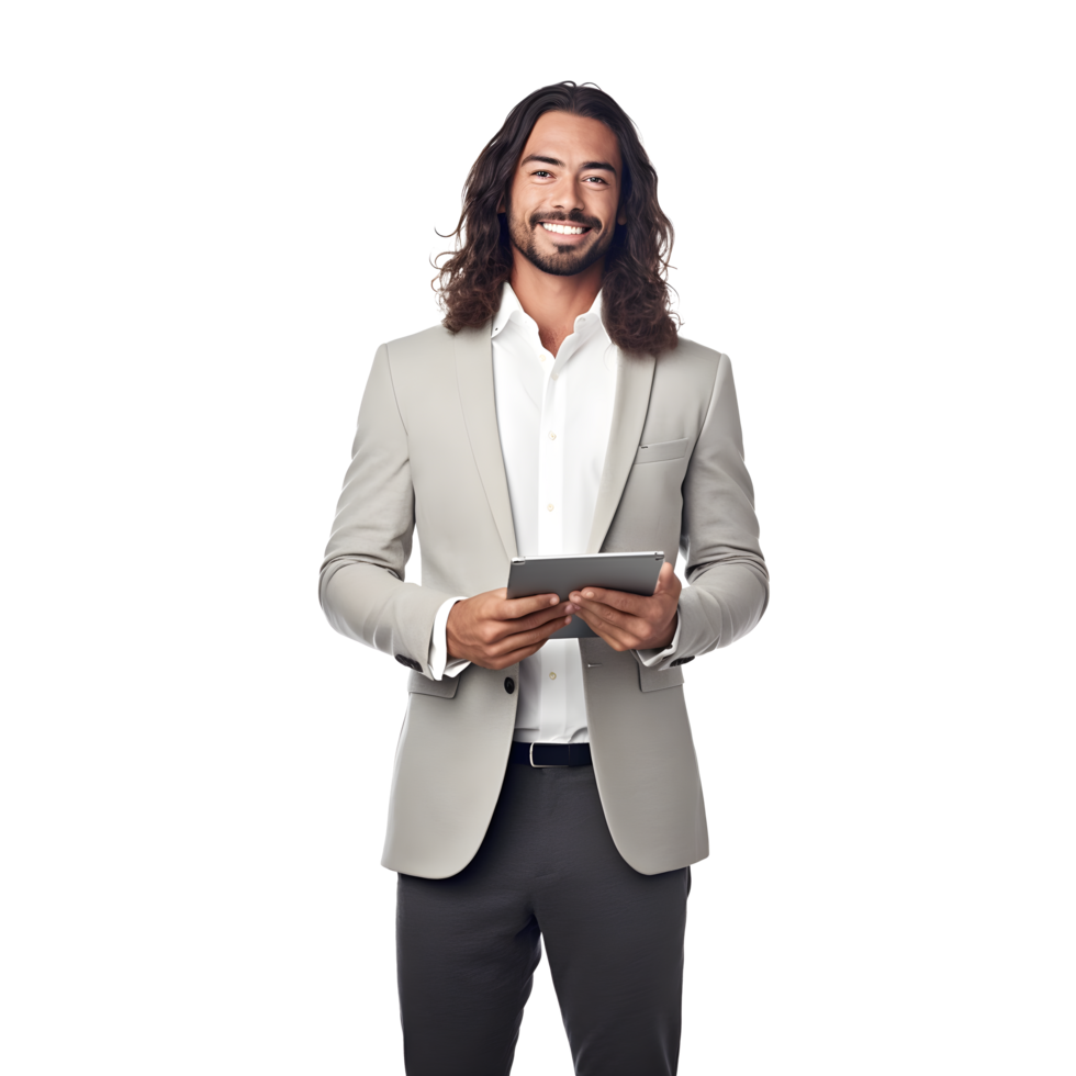 a man in a suit holding a tablet computer png