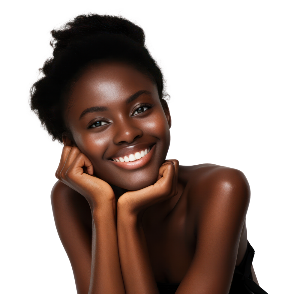 lindo africano mulher sorridente com dela mãos em dela face png