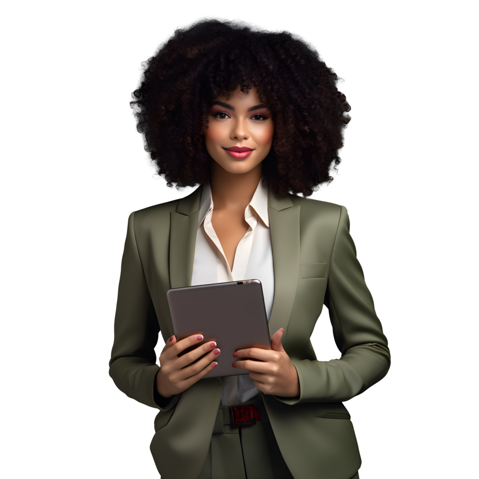 a beautiful african american woman in a business suit holding a tablet png