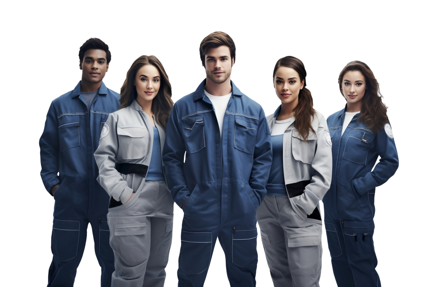 a group of people in blue overalls png