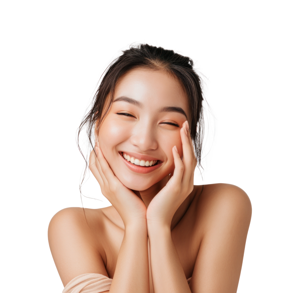 beautiful asian woman smiling with her hands on her face png