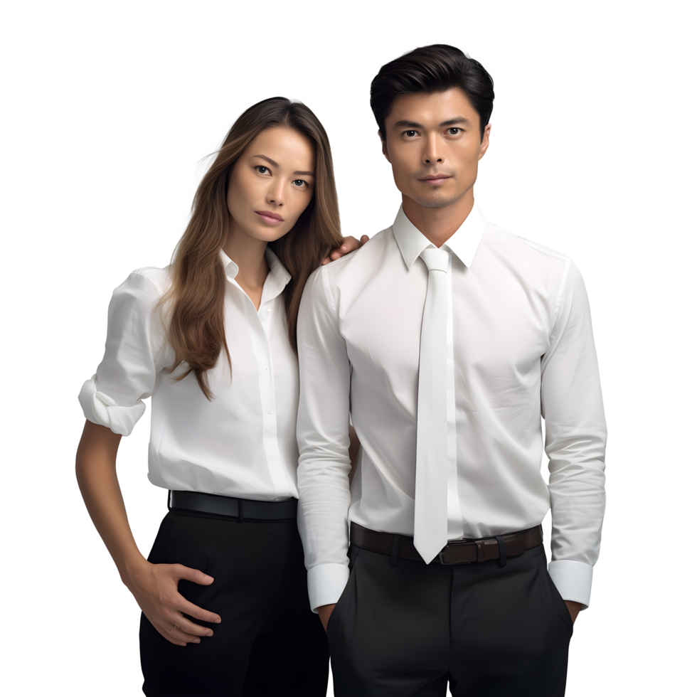 a man and woman in business attire standing together png