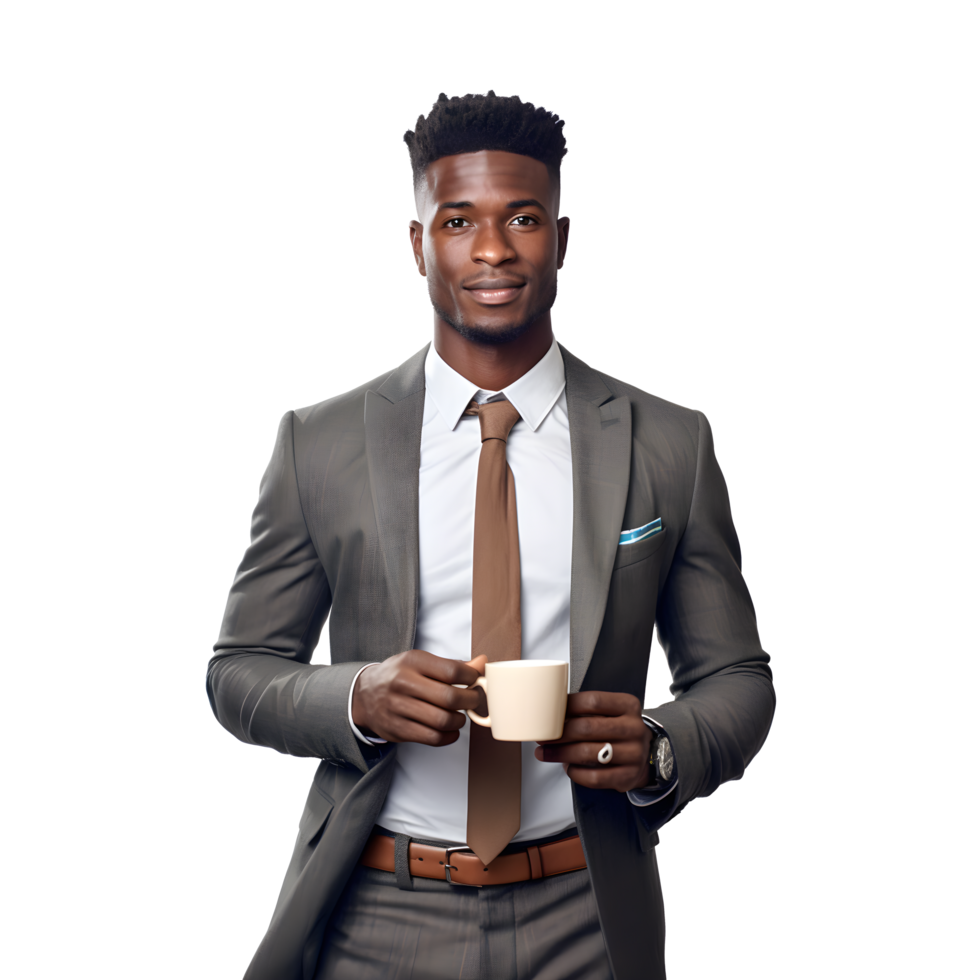 a young african american man in a suit holding a coffee cup png
