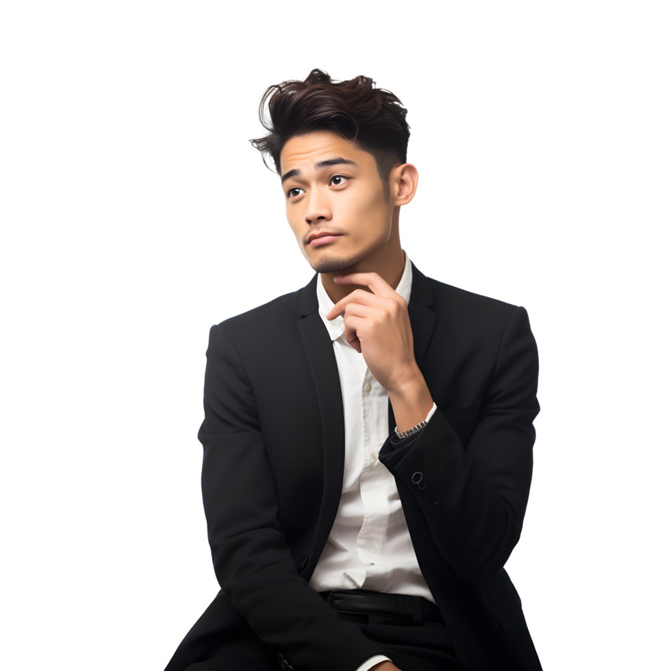 young asian man in suit standing with hands on his chin png
