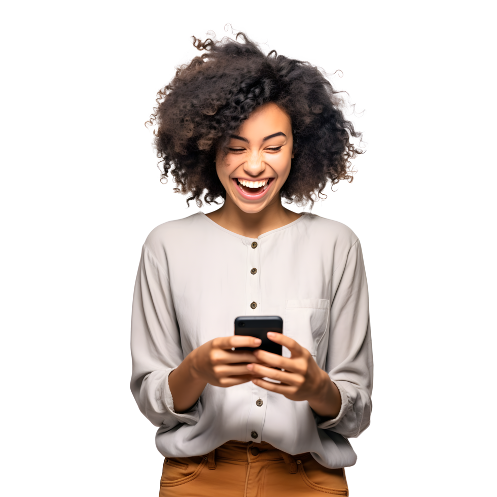 a woman with curly hair is smiling while using her phone png