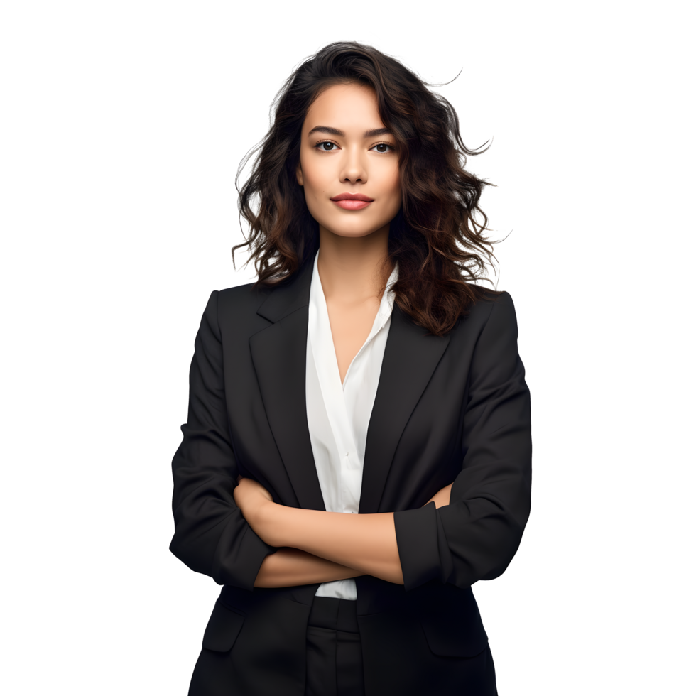 business woman in black suit standing with arms crossed png