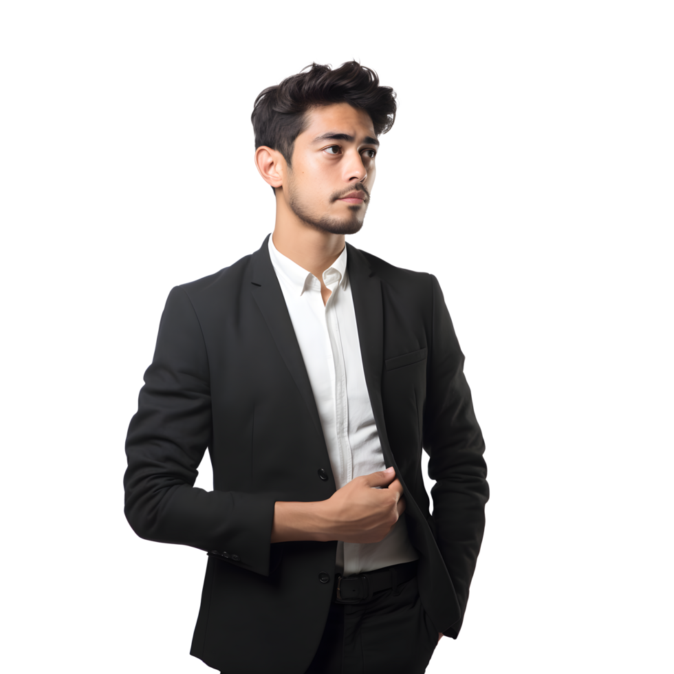 young man in black suit standing with hands on hips png