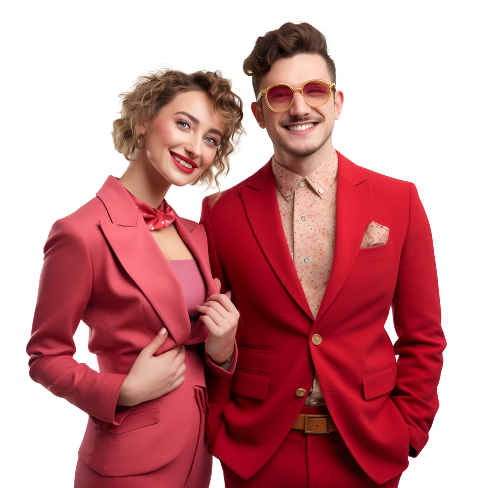 a man and woman in red suits posing for the camera png