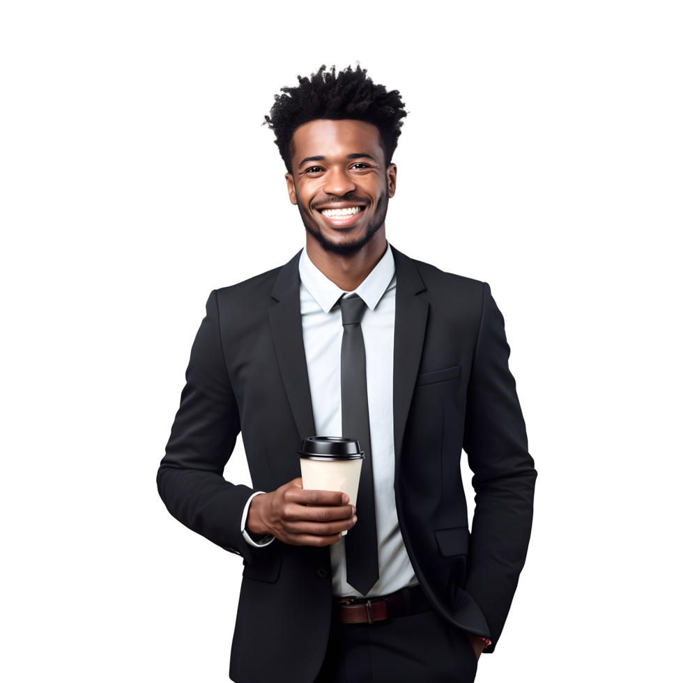 a young african american man in a suit holding a coffee cup png