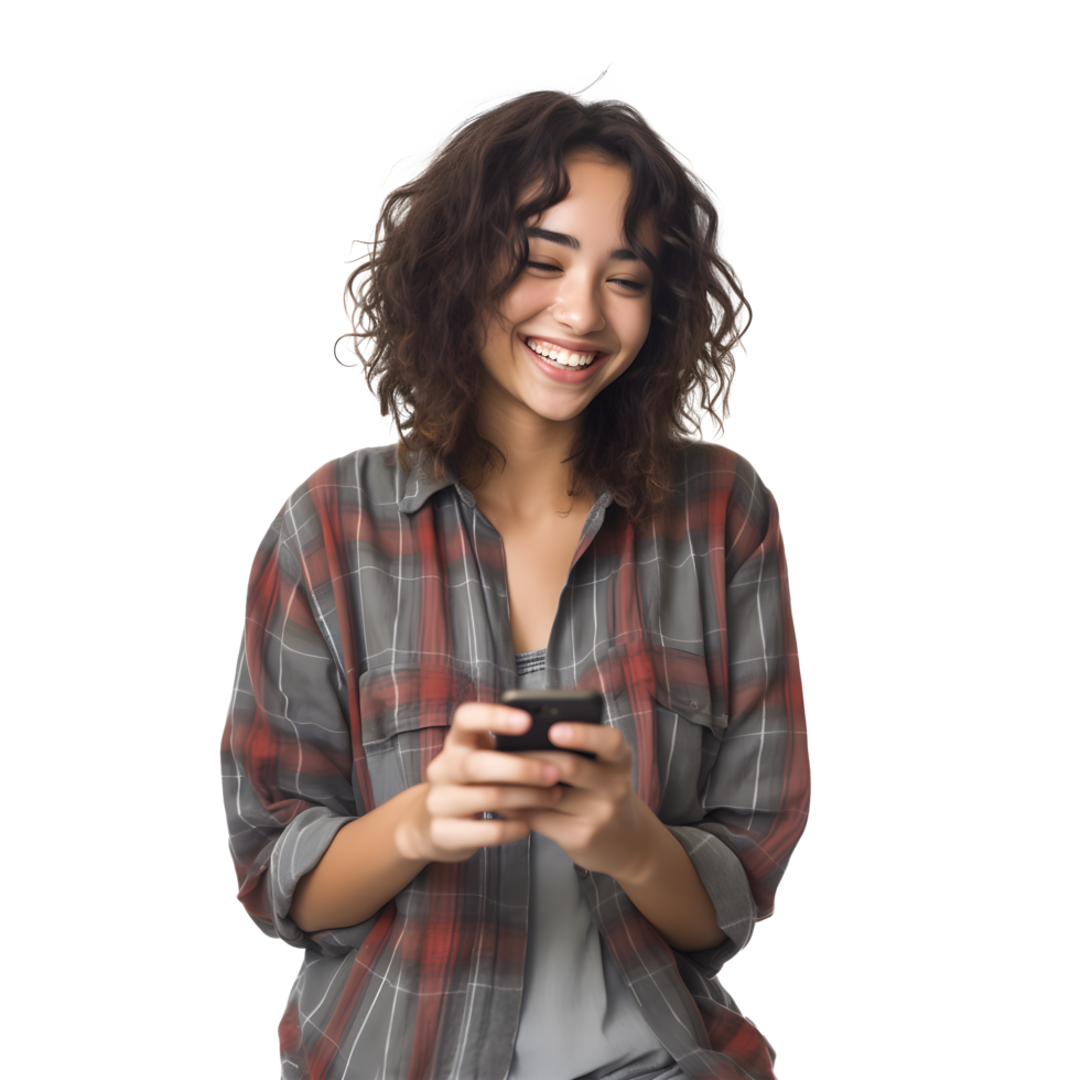 a woman with curly hair is smiling while using her phone png