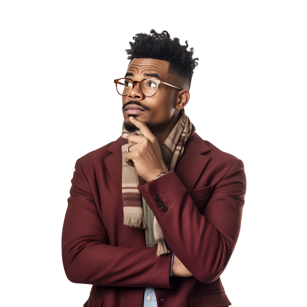 a man in a red jacket and scarf is thinking png