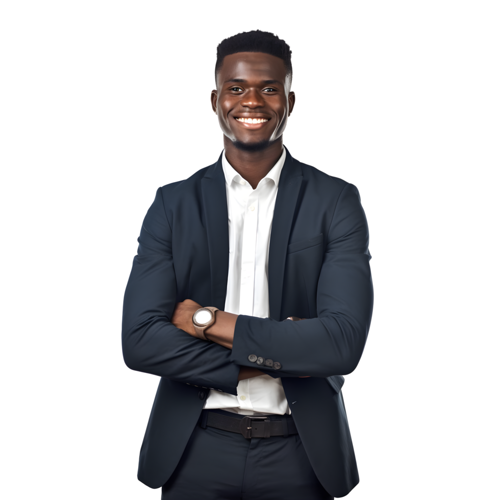 an african american man in a suit standing with his arms crossed png