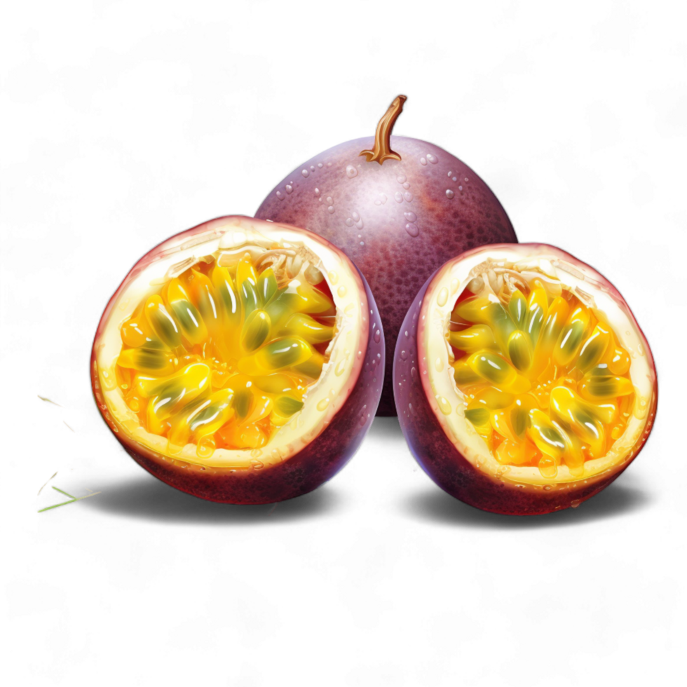 generado ai maracuyá, maracuyá mitades, Fresco maracuyá, maracuyá cortar abierto png
