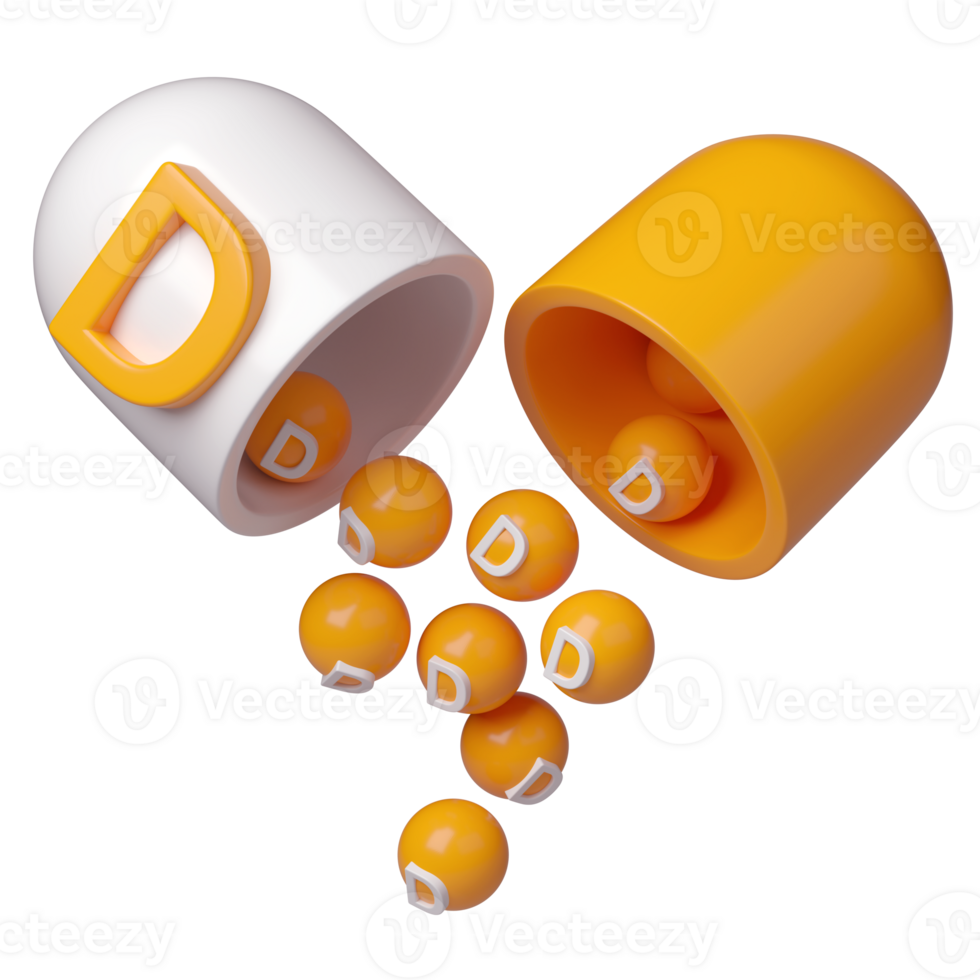 Vitamin D orange in capsule 3d icon. Minerals complex in molecular form pills. Dietary supplement for pharmacy advertisement. Science medic concept transparent png