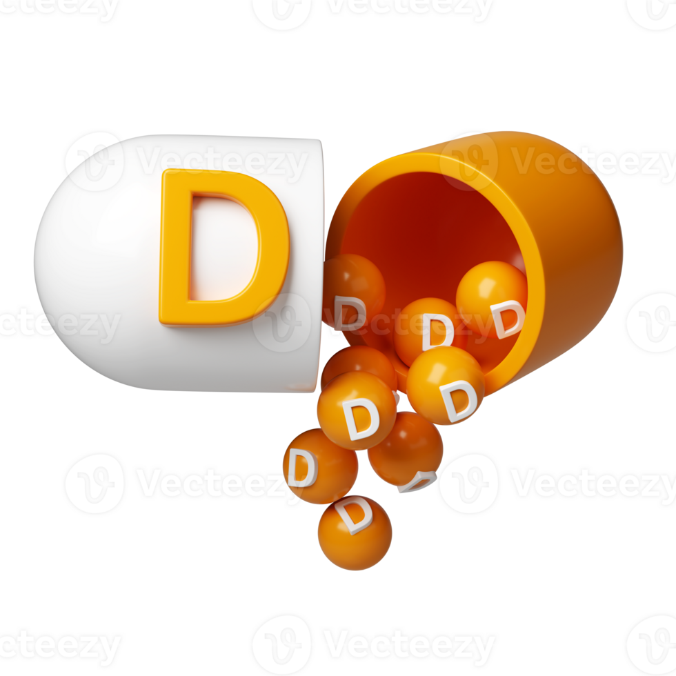 Vitamin D orange in capsule 3d icon. Minerals complex in molecular form pills. Dietary supplement for pharmacy advertisement. Science medic concept transparent png