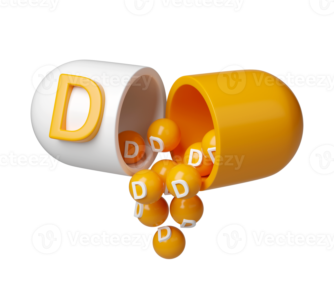 Vitamin D orange in capsule 3d icon. Minerals complex in molecular form pills. Dietary supplement for pharmacy advertisement. Science medic concept transparent png