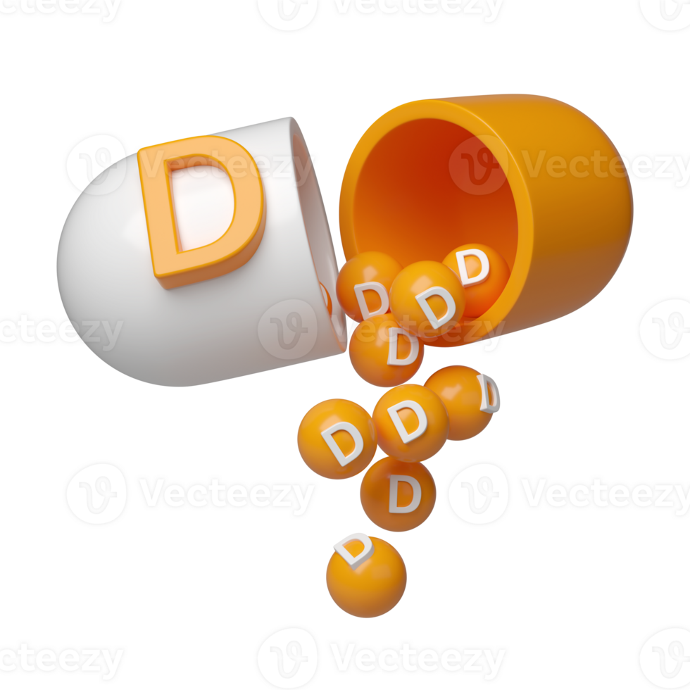 Vitamin D orange in capsule 3d icon. Minerals complex in molecular form pills. Dietary supplement for pharmacy advertisement. Science medic concept transparent png