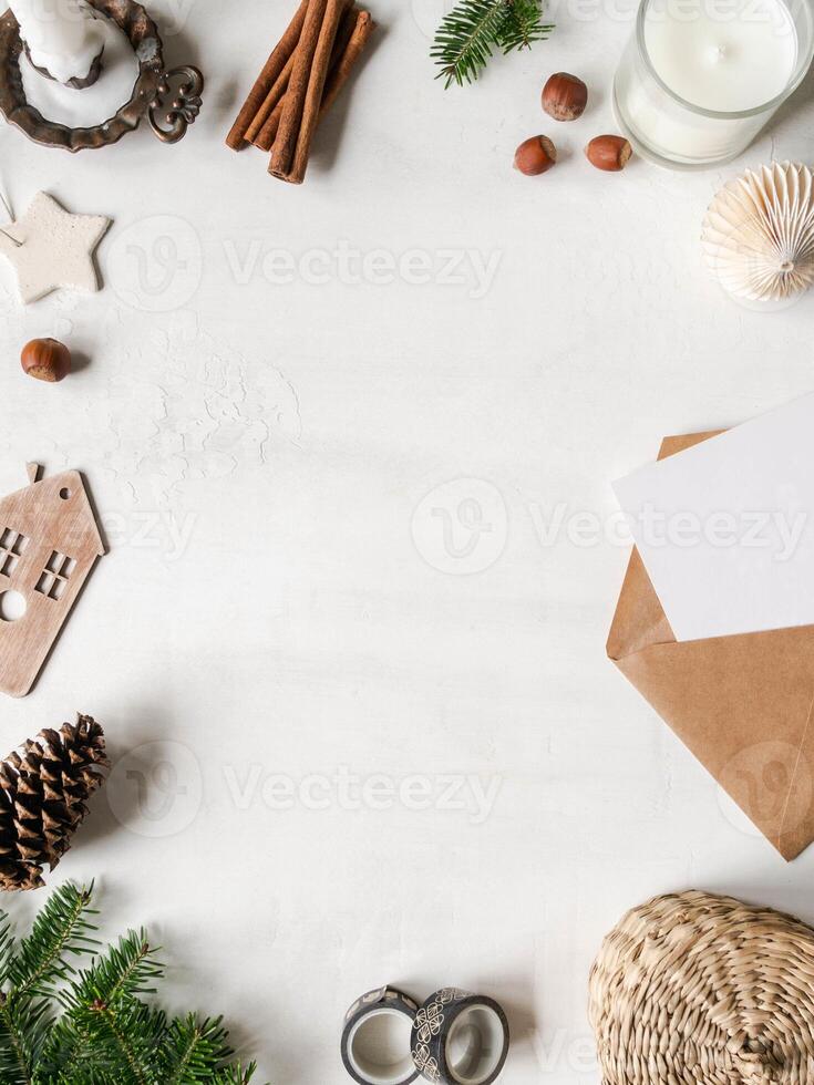 Frame from various Christmas decor on white background photo