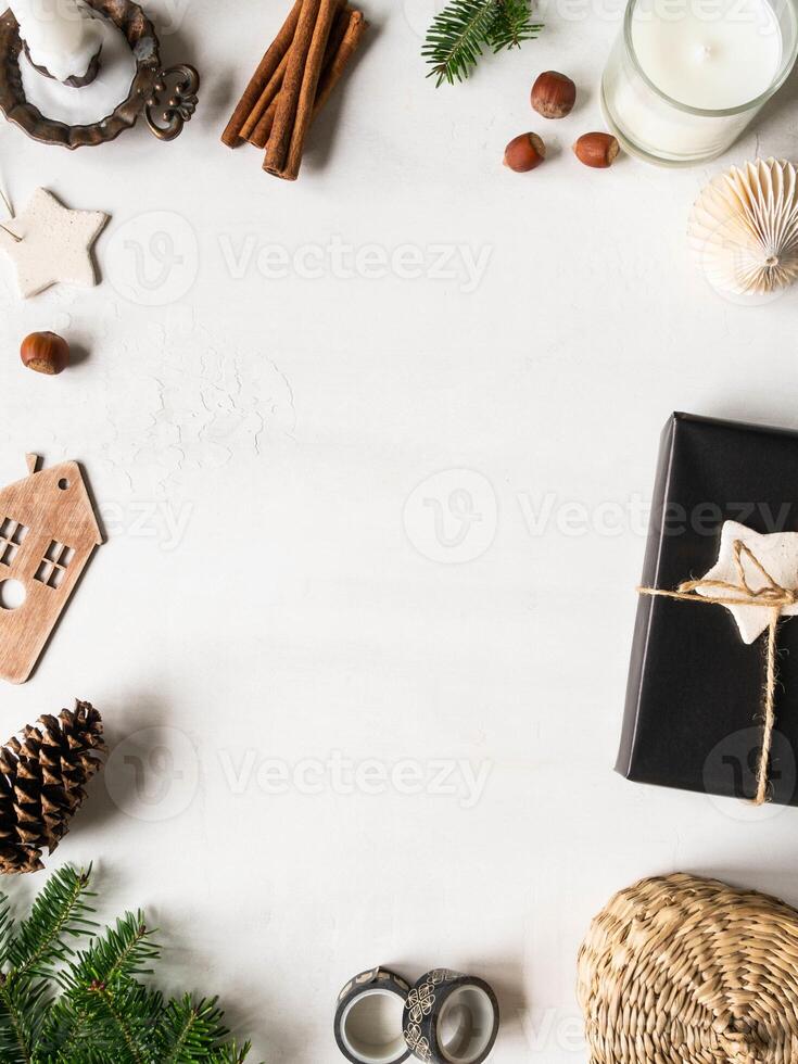 Frame from various Christmas decor on white background photo