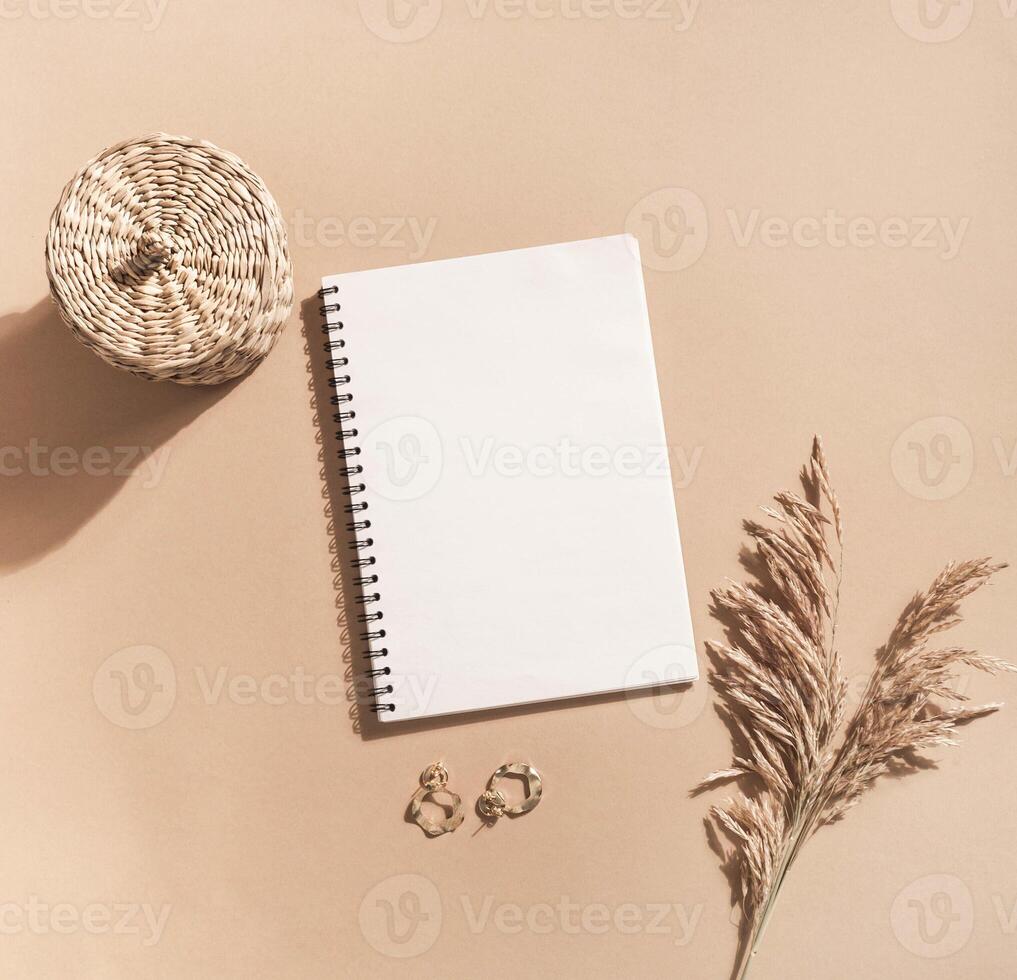 Notepad sheet, sprigs of reeds, gold earrings and wicker box photo