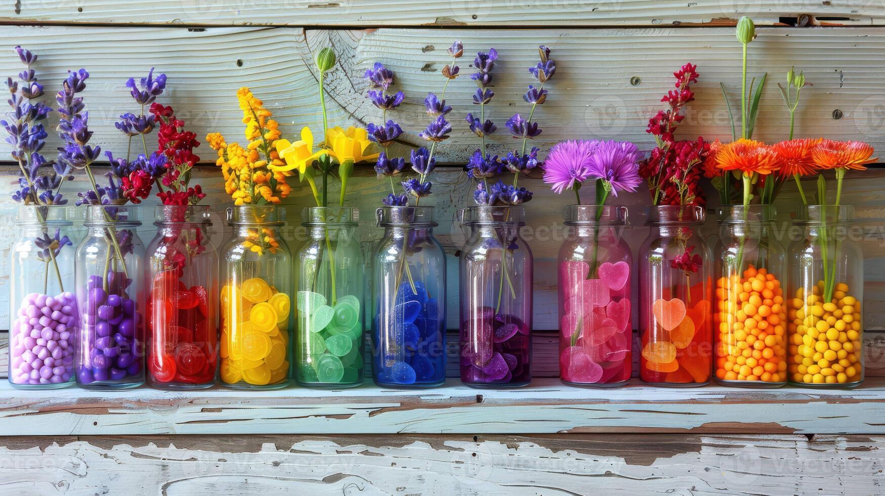 Colorful Flower and Candy Arrangement in Glass Bottles photo