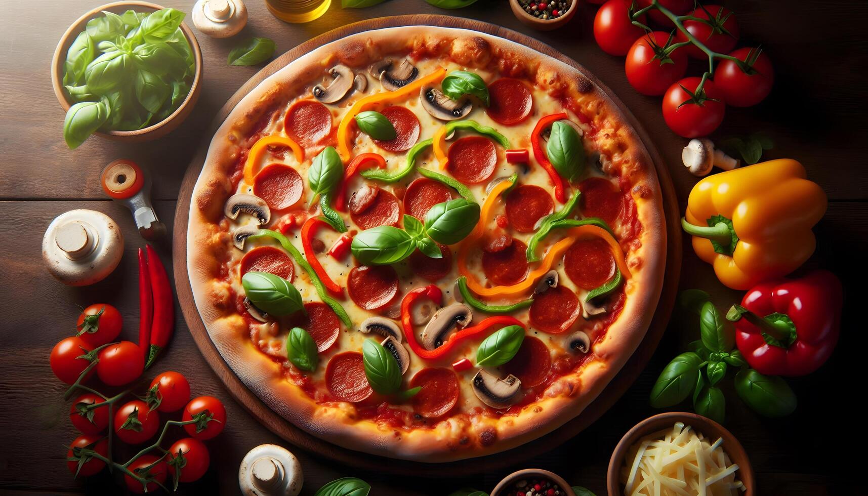pizza with salami and tomatoes photo