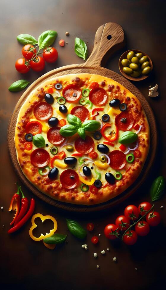 pizza with salami and tomatoes photo